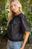 Leah Ribbed Knit Band Solid Faux Leather VOY Top