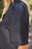 Vanessa Ruffled V Neck Solid Faux Leather Shift  VOY Dress