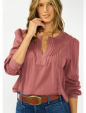 Lovestitch Selma Long Sleeve Embroidered Pintuck Blouse with Lace Trim
