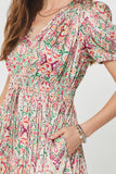 Mallory Short Sleeve Elastic Tie Waist Tiered Midi Current Air Dress
