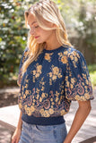 Beatrice Floral Embroidered Boarder Print Rib Band VOY Top