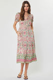 Mallory Short Sleeve Elastic Tie Waist Tiered Midi Current Air Dress