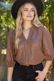 Octavia 3/4 Sleeve Button Down Solid Faux Leather  VOY Top