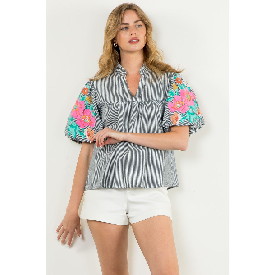 (THML) The Shania Stripe Embroidered Top-Brown