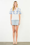 THML Adair Puff Sleeve Floral Embroidery V Neck Top