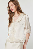 Aldis Lace Satin V Neck Short Sleeve Button Front Current Air Blouse