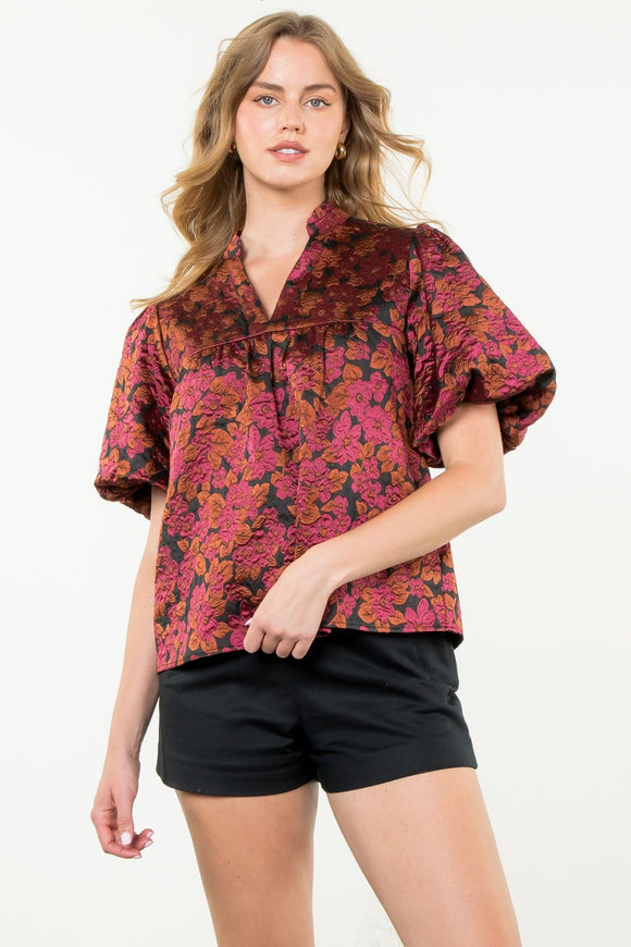 Cecilia Puff Sleeve Flower Pattern THML Top