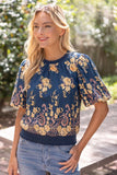 Beatrice Floral Embroidered Boarder Print Rib Band VOY Top