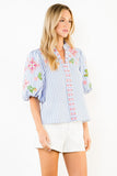 THML Esther Puff Sleeves Striped Embroidery Detail V Neck Top