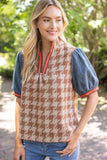 Paola Stripe Denim Sleeve Houndstooth Tweed VOY Top