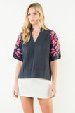 THML Wren Floral Pattern Puff Sleeve V Neck Top