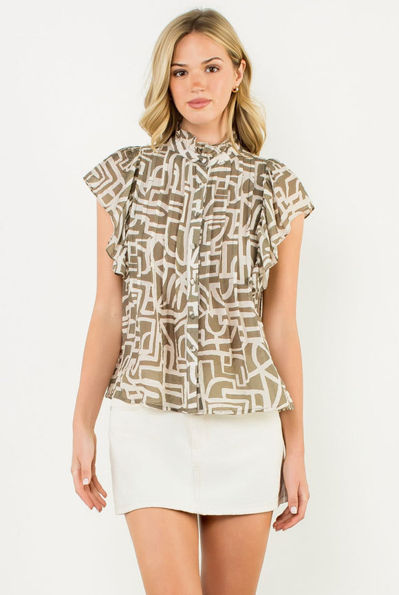 Eliana Flutter Sleeve Print Button Up THML Top