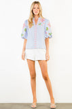 THML Esther Puff Sleeves Striped Embroidery Detail V Neck Top
