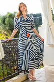 Eleanor Navy Puff Sleeve Striped Tiered THML Dress