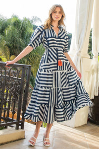 Eleanor Navy Puff Sleeve Striped Tiered THML Dress