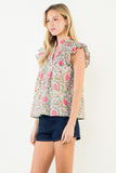 THML Roxanne Flutter Sleeve Floral Detail Button Up Top