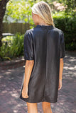 Vanessa Ruffled V Neck Solid Faux Leather Shift  VOY Dress