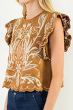 THML Bianca Flutter Sleeve Suede Embroidered Top