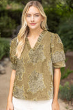 Berkley Ruffled V Neck Textured Burnout Velvet VOY Top