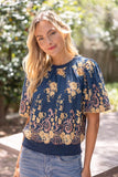 Beatrice Floral Embroidered Boarder Print Rib Band VOY Top