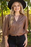 Octavia 3/4 Sleeve Button Down Solid Faux Leather  VOY Top