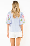THML Esther Puff Sleeves Striped Embroidery Detail V Neck Top