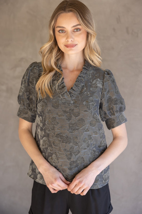 Evelyn Ruffled Neckline Floral VOY Top