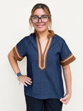 THML Piper Denim Top With Suede Contrast