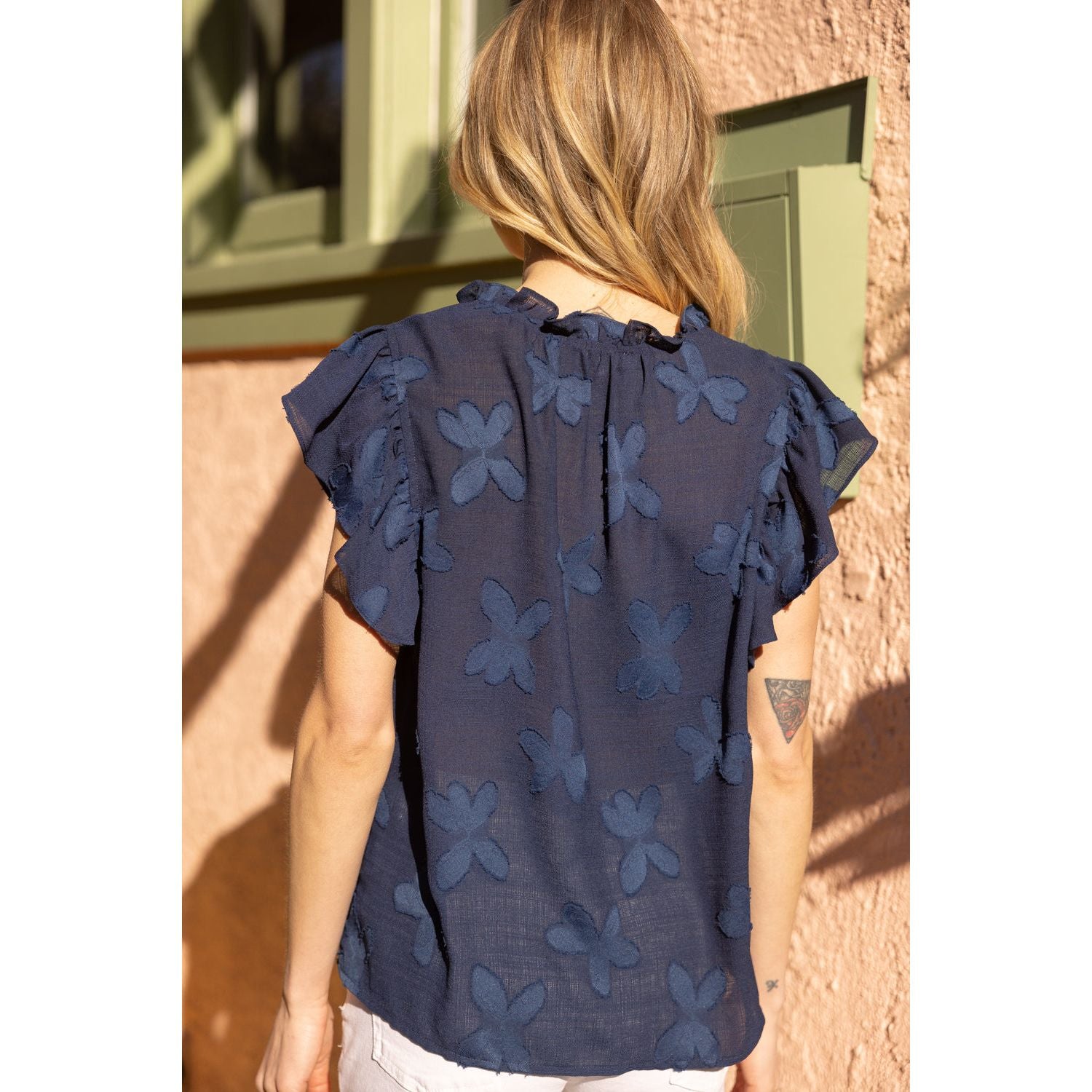 navy blue ruffle blouse