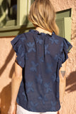 Stevie Navy Ruffle Neck Button Front Floral Burn Out VOY Top