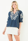 THML Claudine Puff Sleeve Floral Embroidery V Neck Top