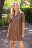 Kary Ruffled V Neck Solid Faux Leather Shift  VOY Dress