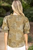 Berkley Ruffled V Neck Textured Burnout Velvet VOY Top