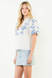 THML Adair Puff Sleeve Floral Embroidery V Neck Top