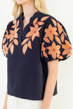 THML Briar Corduroy Embroidered Puff Sleeve  Top