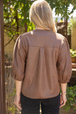 Octavia 3/4 Sleeve Button Down Solid Faux Leather  VOY Top