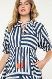 Eleanor Navy Puff Sleeve Striped Tiered THML Dress