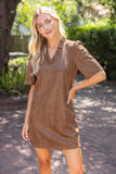 Kary Ruffled V Neck Solid Faux Leather Shift  VOY Dress