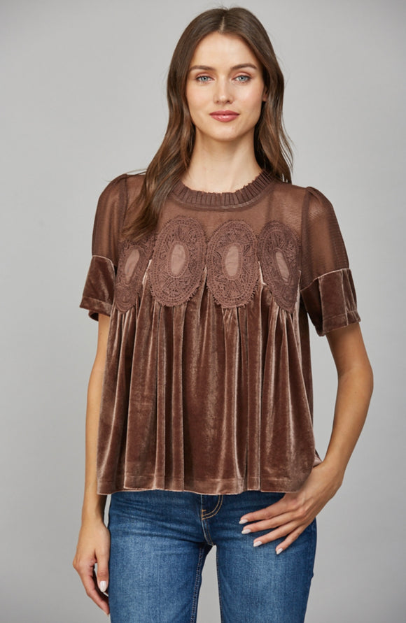 Marcie Lace Detail Velvet Babydoll FATE Top