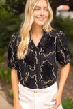 Stacie Ruffled V Neck Textured Burnout Velvet VOY Top