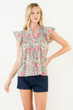 THML Roxanne Flutter Sleeve Floral Detail Button Up Top