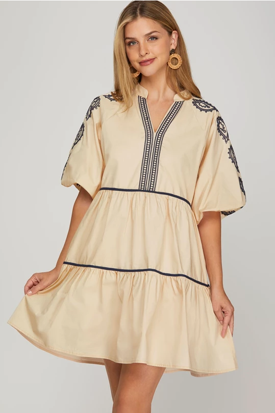 Inez Taupe Bubble Sleeve Embroidered She + Sky Mini Dress- SALE L Inez Taupe Bubble Sleeve Embroidered She + Sky Mini Dress- SALE L