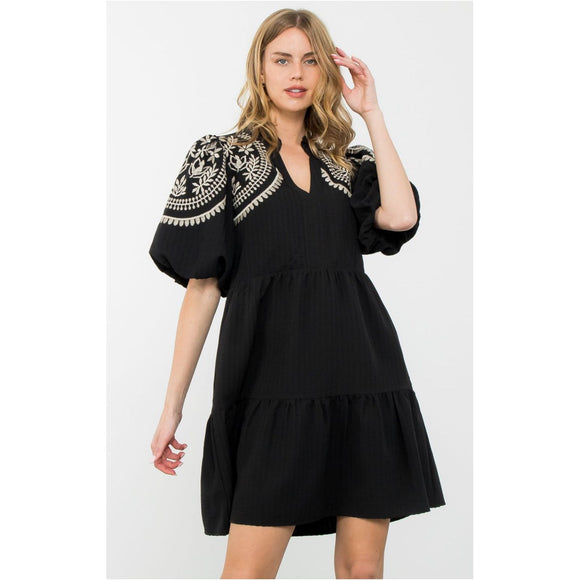 Tracey Black Puff Sleeve Embroidered THML Dress