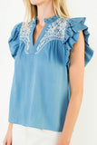 THML Celeste Ruffle Sleeve Embroidered Top