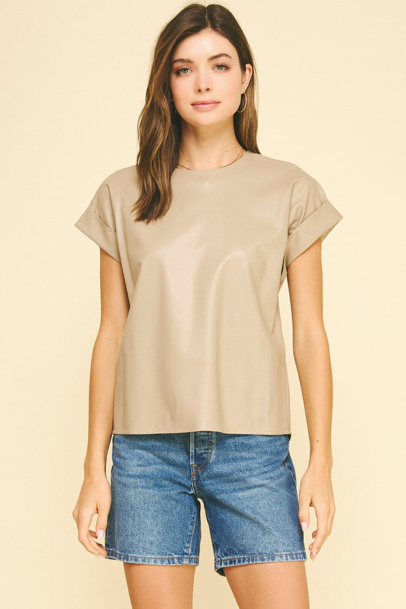 Lucila Faux Leather Cap Sleeve Pinch Top