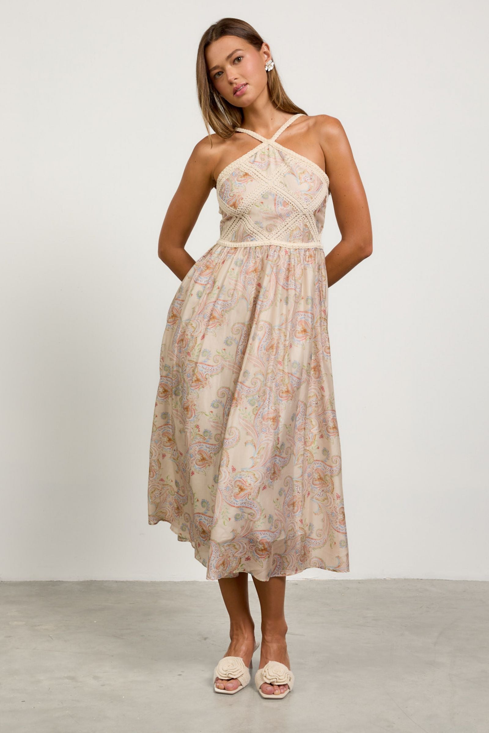 Tracy Paisley Halter Neck with Macrame Embroidery Skies are Blue