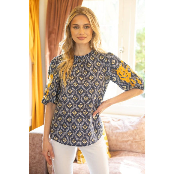 Palmer Embroidered Puff Sleeve Printed VOY Top