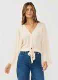 Lovestitch Aurora Button Down Front Tie Wide Sleeve with Lace Trim Top