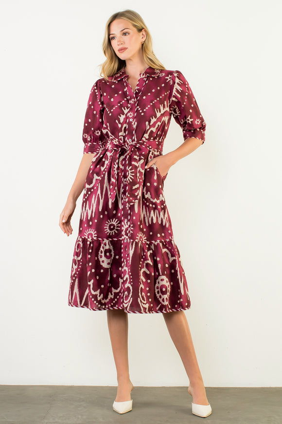 Aliana Long Sleeve Print Tiered THML Dress
