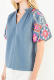 THML Viviana Puff Sleeve Embroidery Detail Textured Top